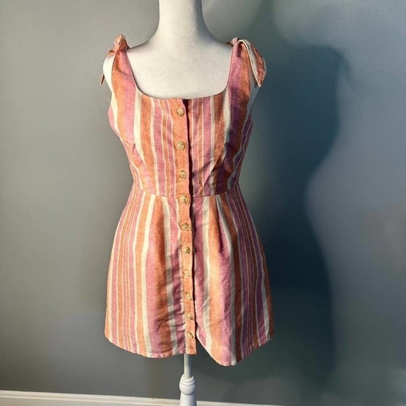 Lulu's Brooklin Pink Striped Linen Blend Button Front Mini Dress Size Small - Picture 3 of 8